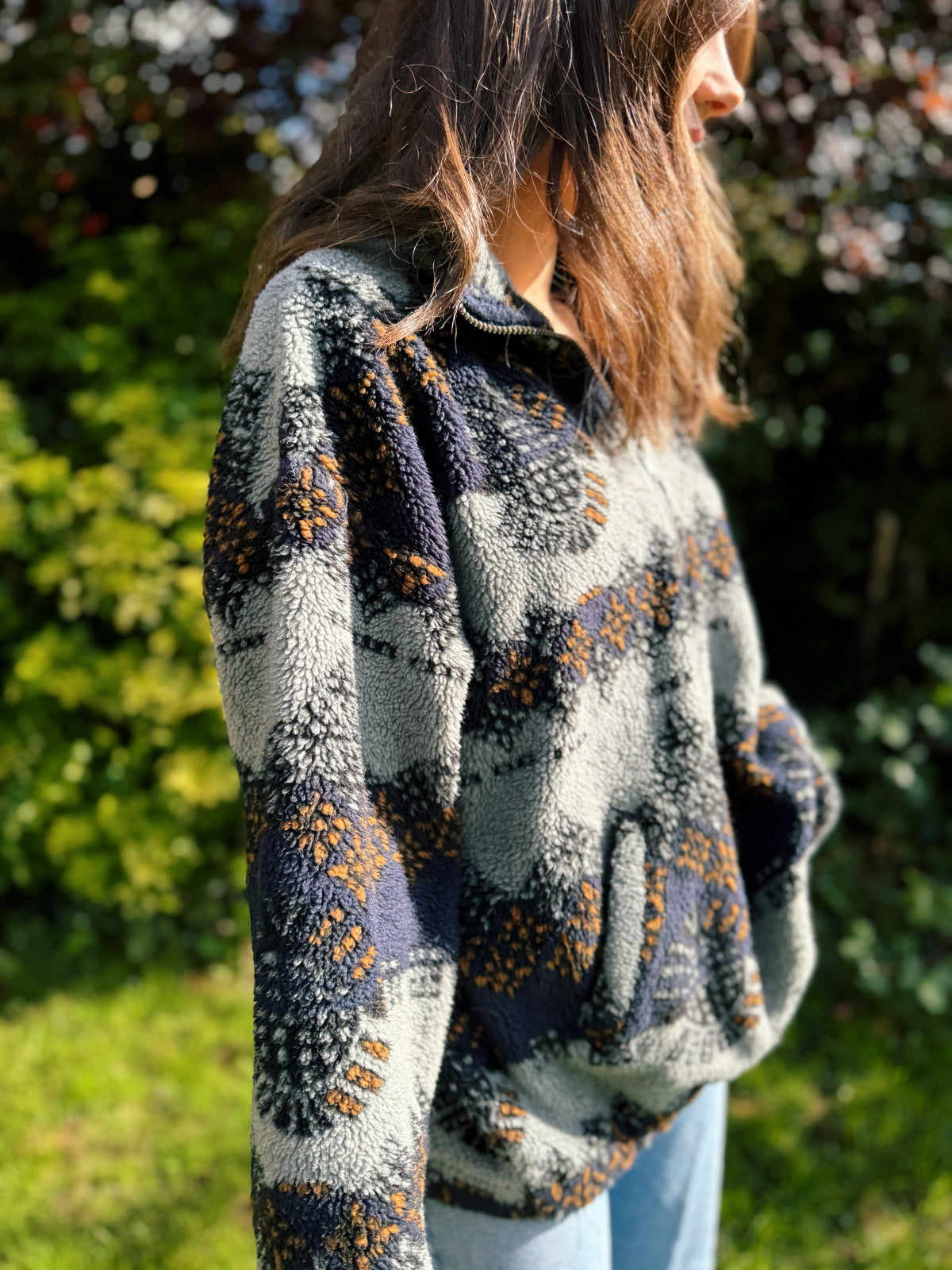 Vintage Abstract Pattern 1/4 Zip Teddy  Fleece Jacket