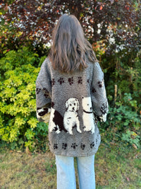 Vintage Dog Pattern Sherpa Teddy Fleece Jacket Grey