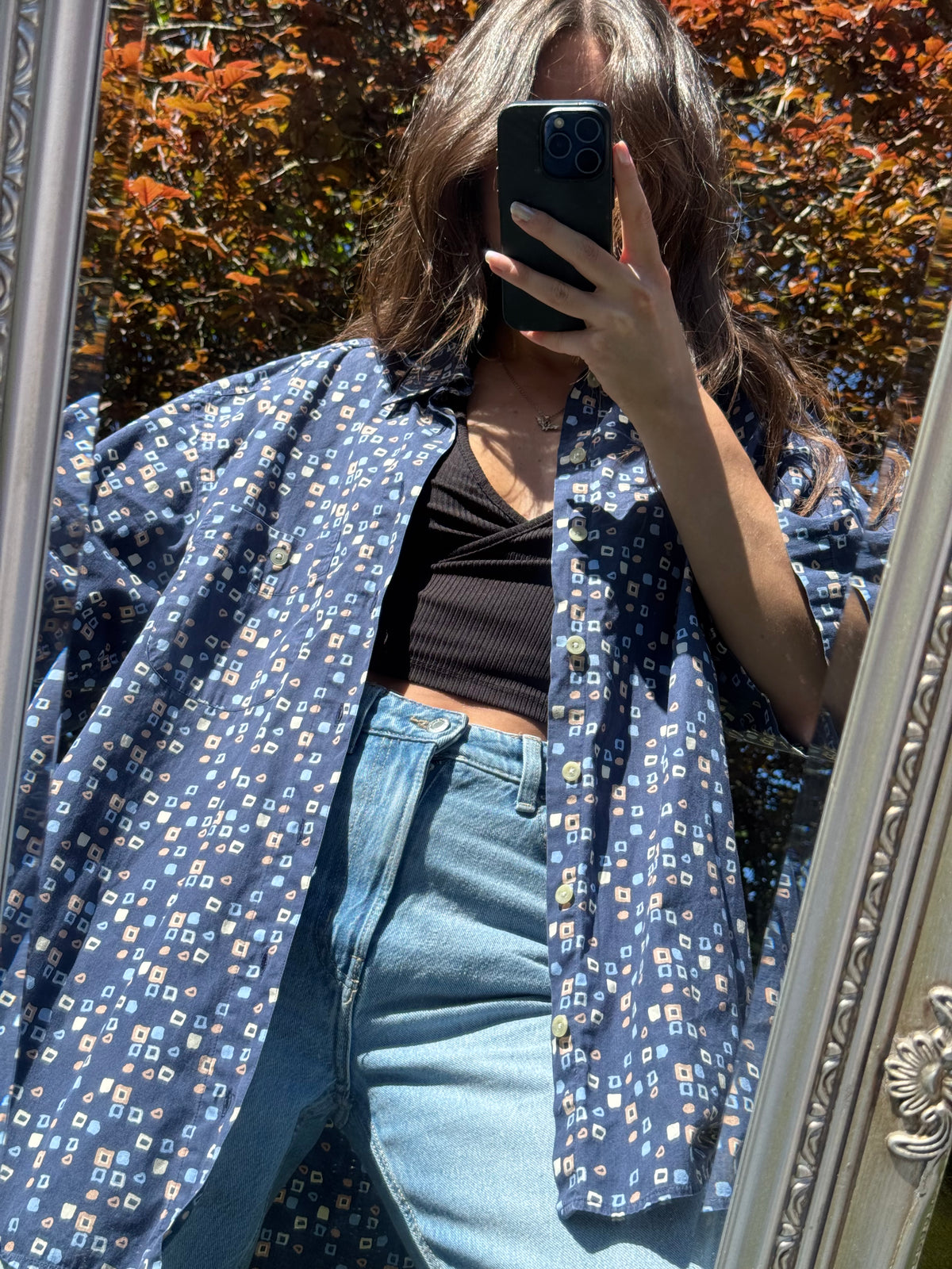 Vintage Blue Geometric Print Shirt | Abstract Square Pattern