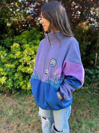Vintage Colour Block Pattern Full Zip Polarlite Fleece Jacket Purple & Blue