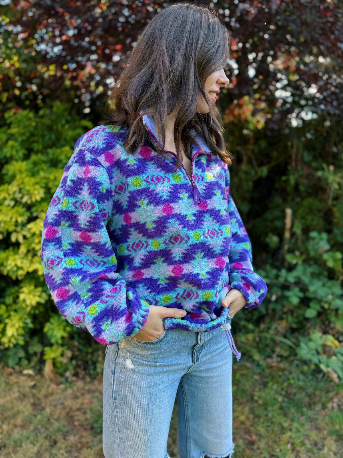 Vintage Geometric Pattern 1/4 Zip Polartec Fleece Pullover Purple & Teal