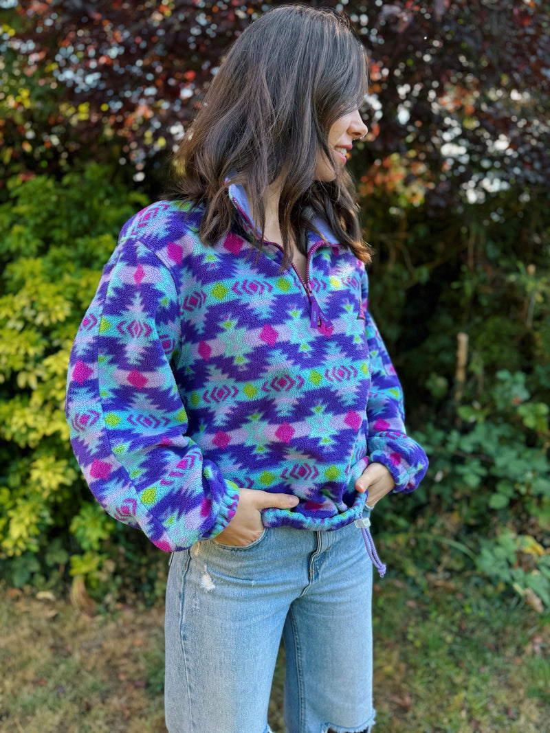 Vintage Geometric Pattern 1/4 Zip Polartec Fleece Pullover Purple & Teal