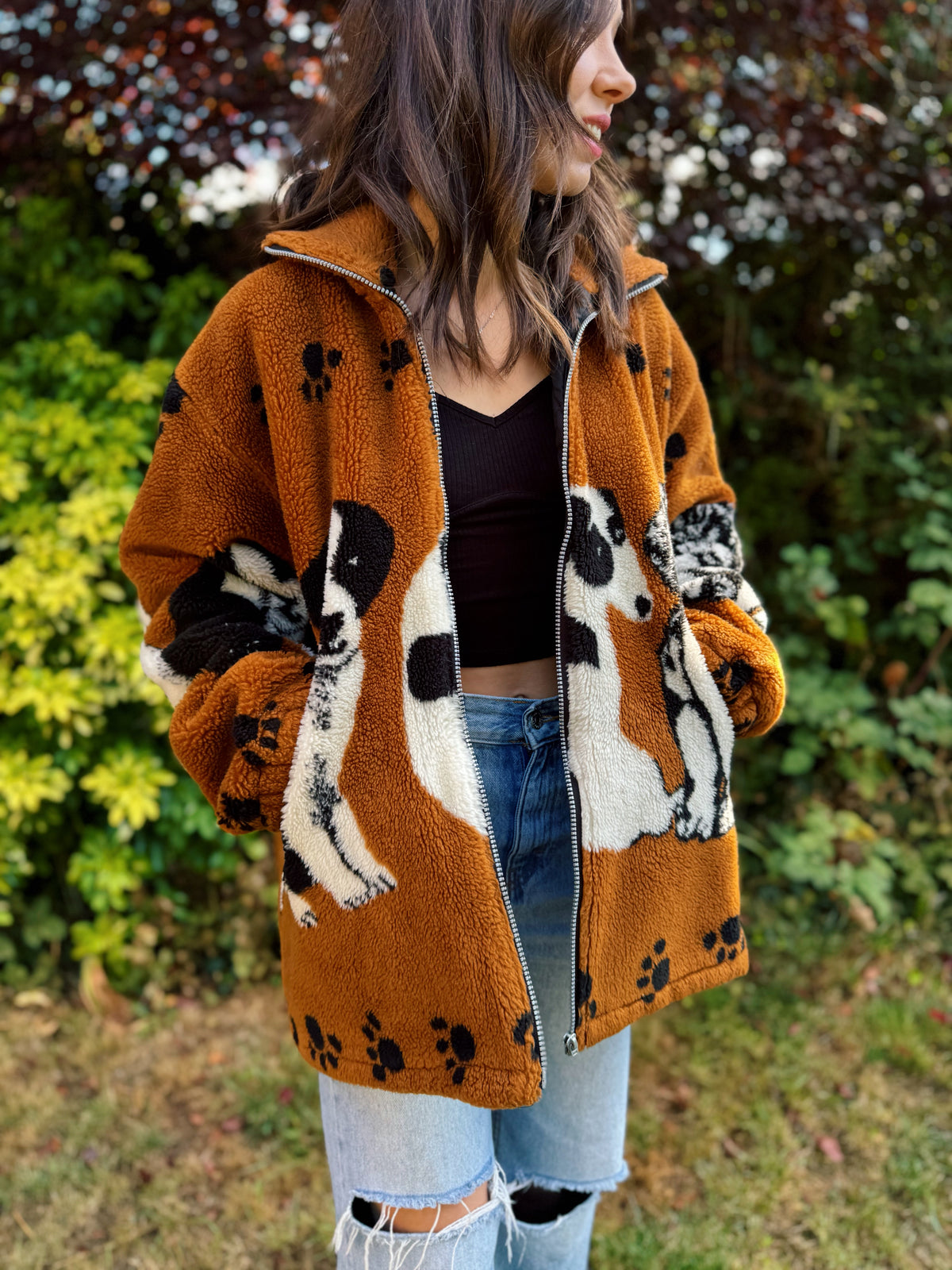 Vintage Dog Pattern Sherpa Teddy Fleece Jacket