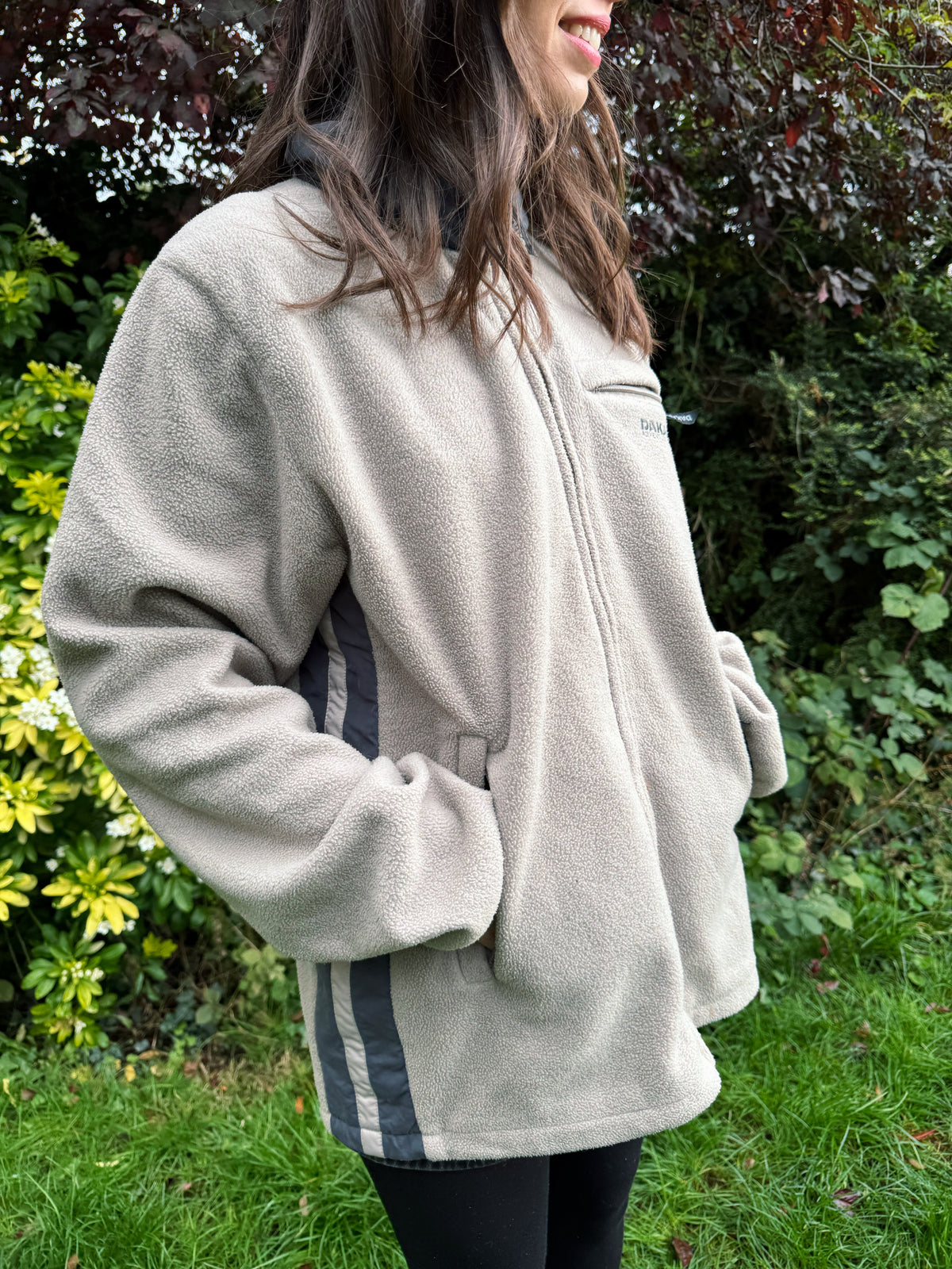 Vintage Beige Zip Up Fleece Jacket with Grey Side Panels