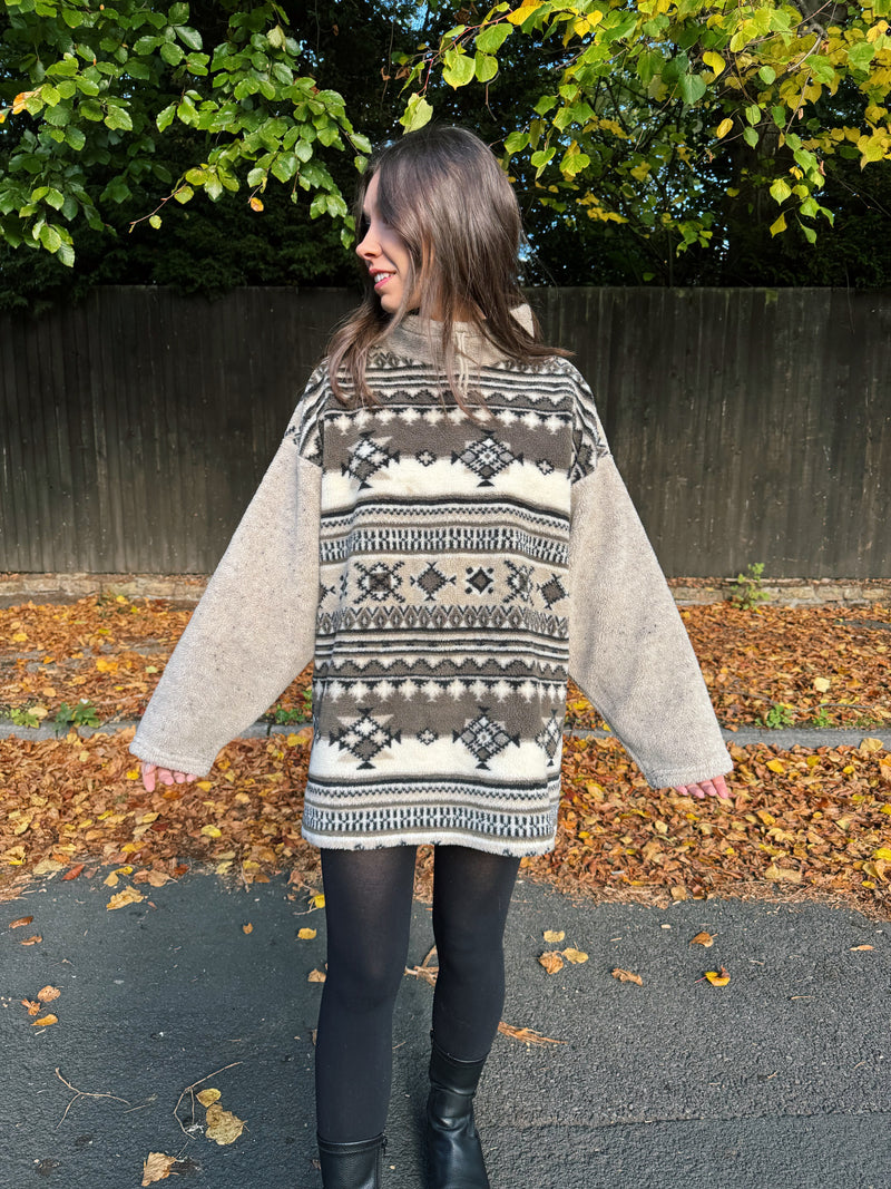 Vintage Beige & Brown Patterned Teddy Fleece Pullover