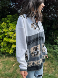 Vintage Teddy Bear Patterned 1/4 Button Fleece Jacket