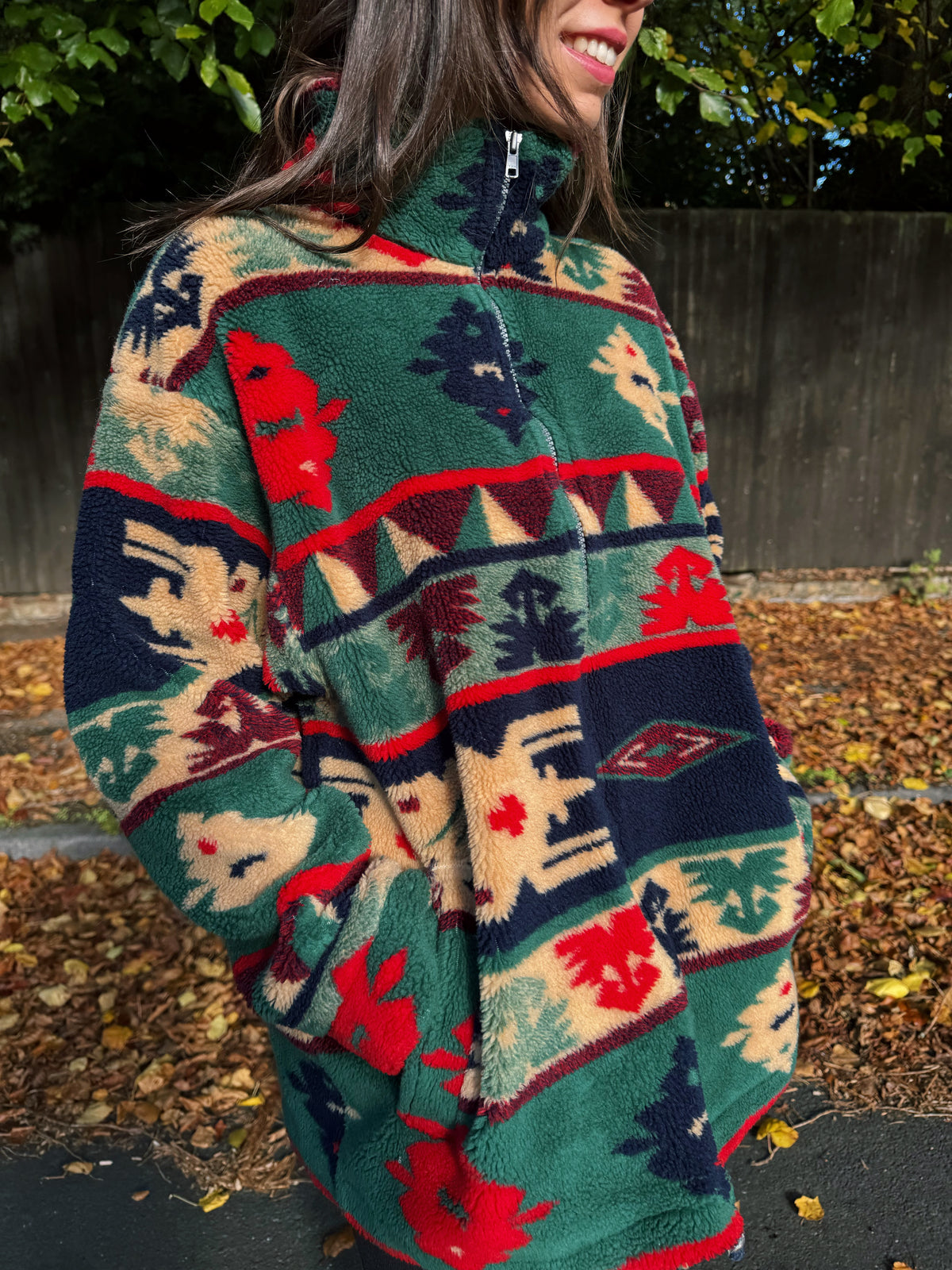 Vintage Aztec Pattern Full Zip Teddy Fleece Jacket