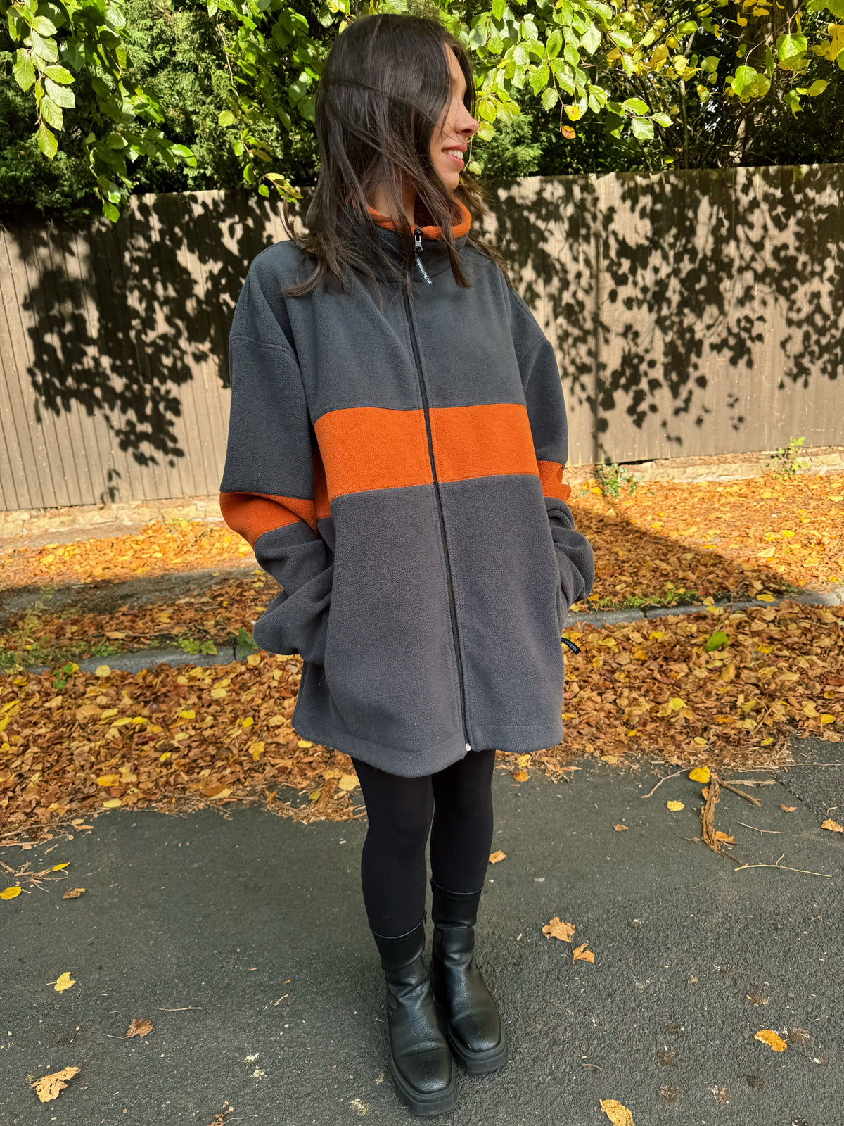 Vintage Charcoal & Burnt Orange Zip-Up Fleece Jacket