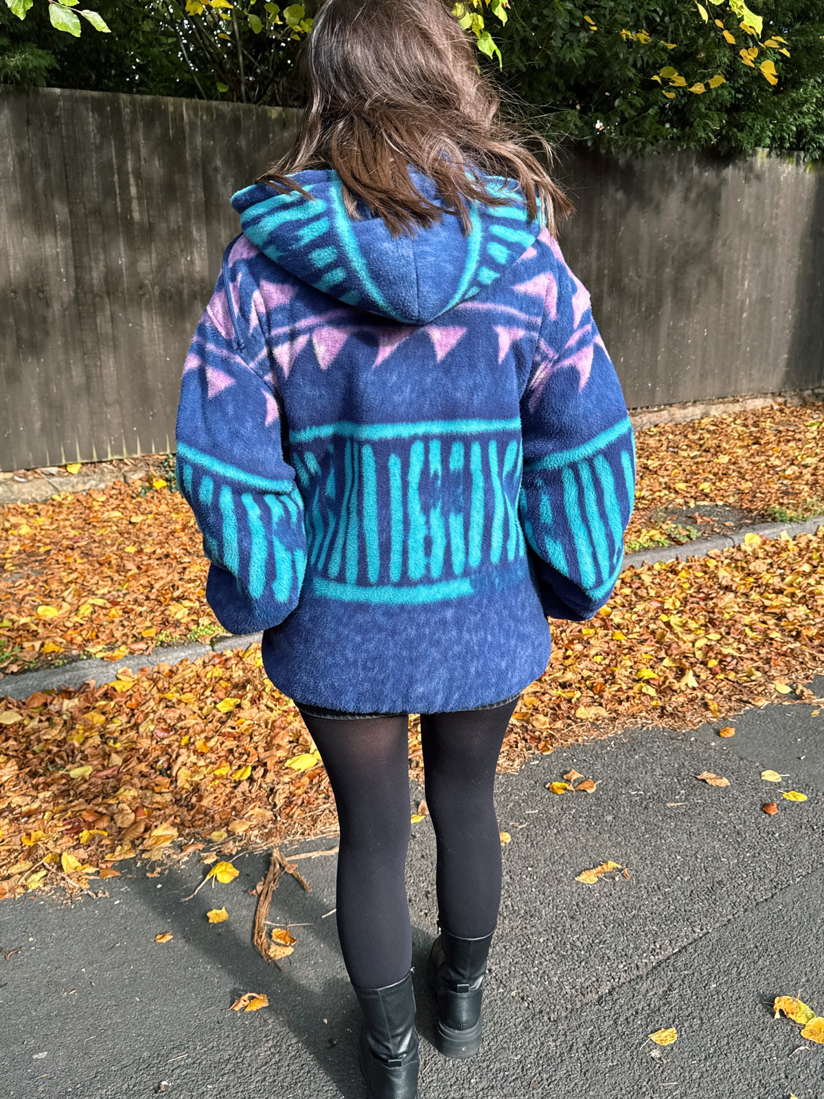 Vintage 90s Abstract Pattern Fleece Jacket With Hood