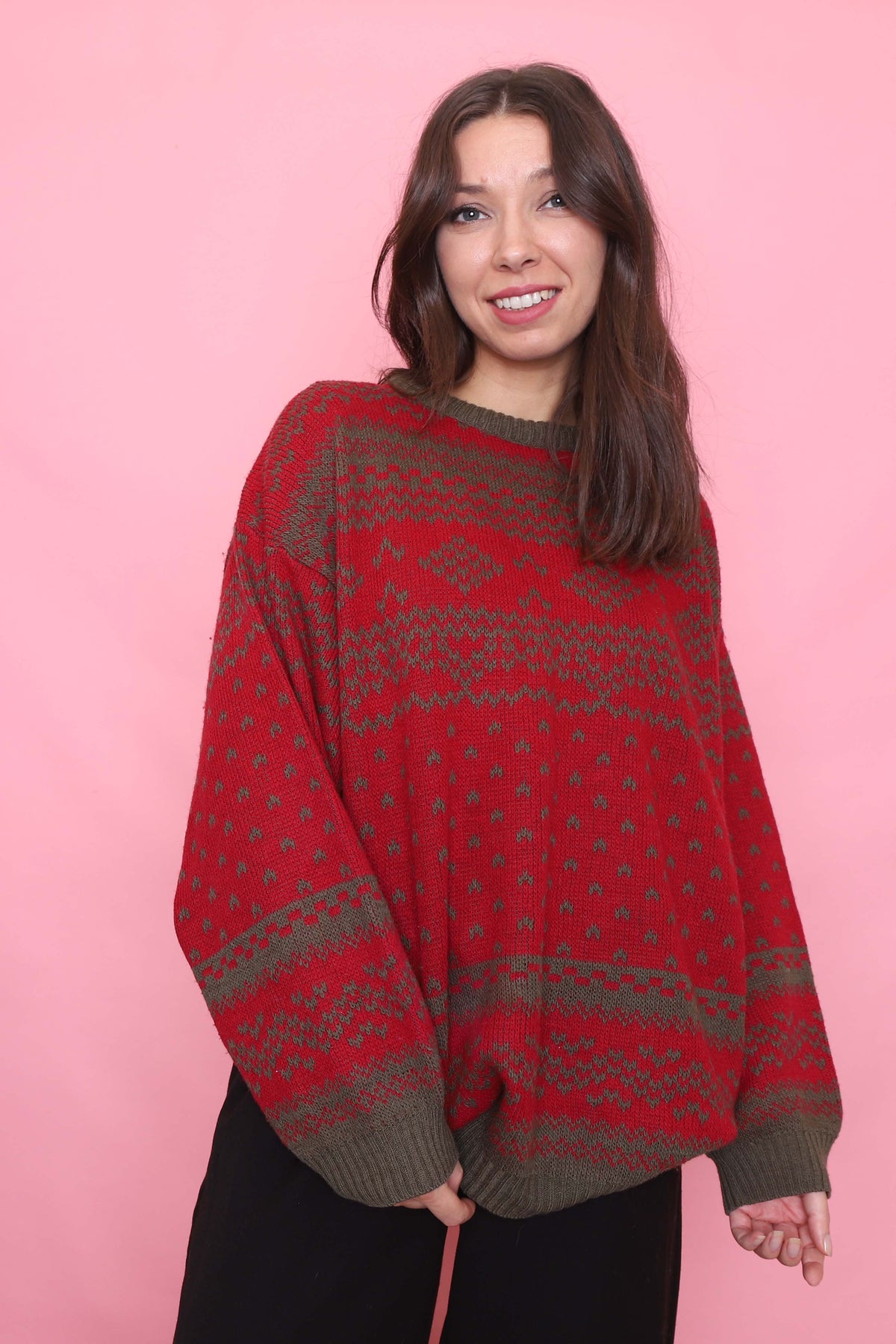 Vintage Red & Olive Pattern Knit Jumper