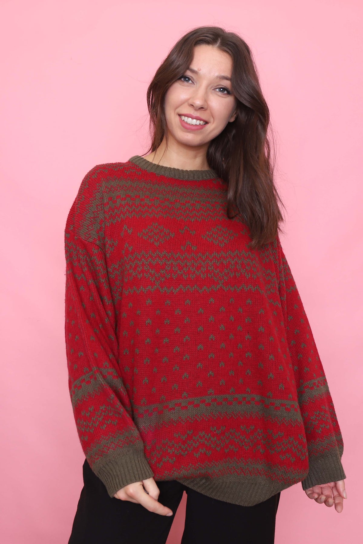 Vintage Red & Olive Pattern Knit Jumper