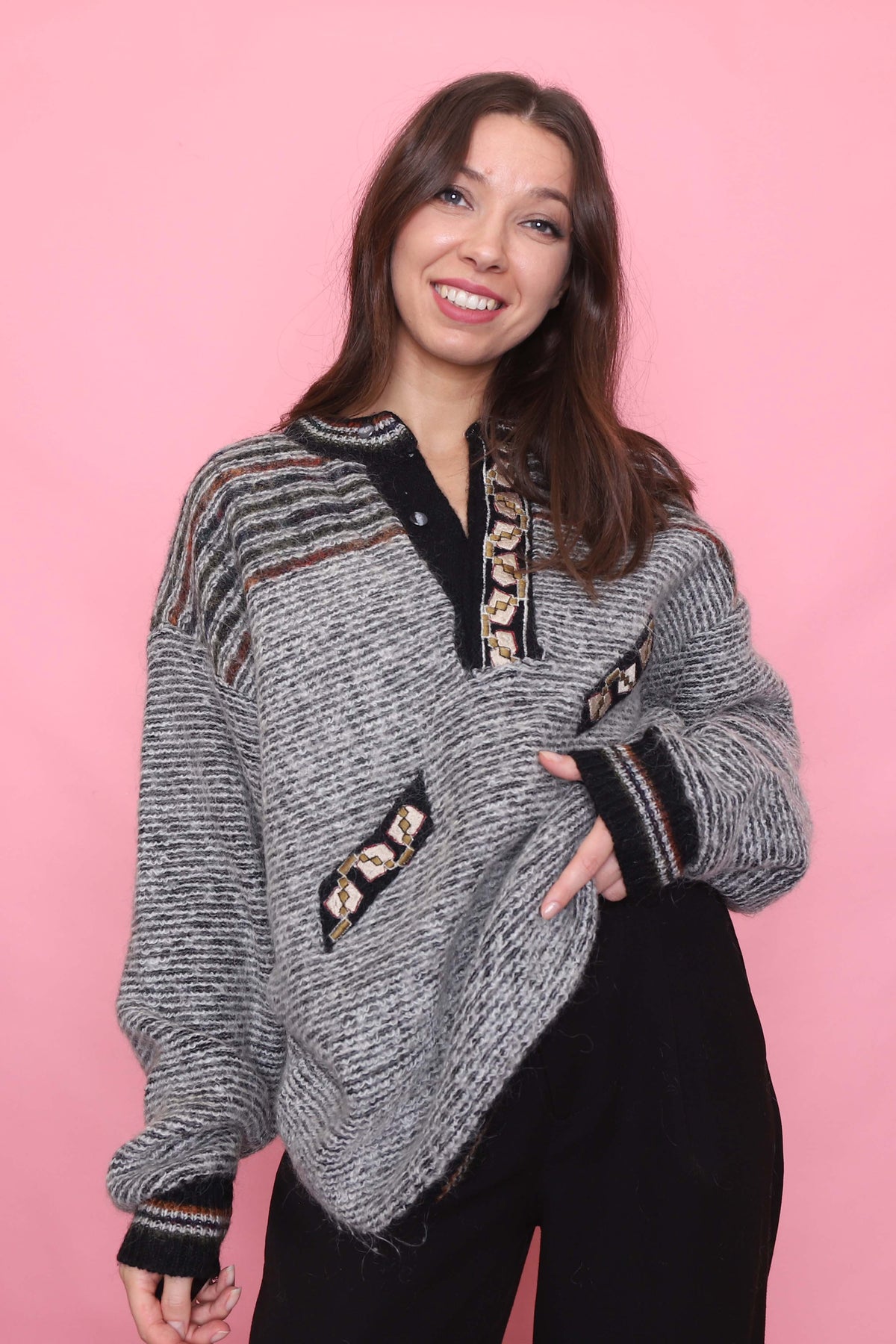 Vintage Grey 1/4 Button Chunky Knit Jumper