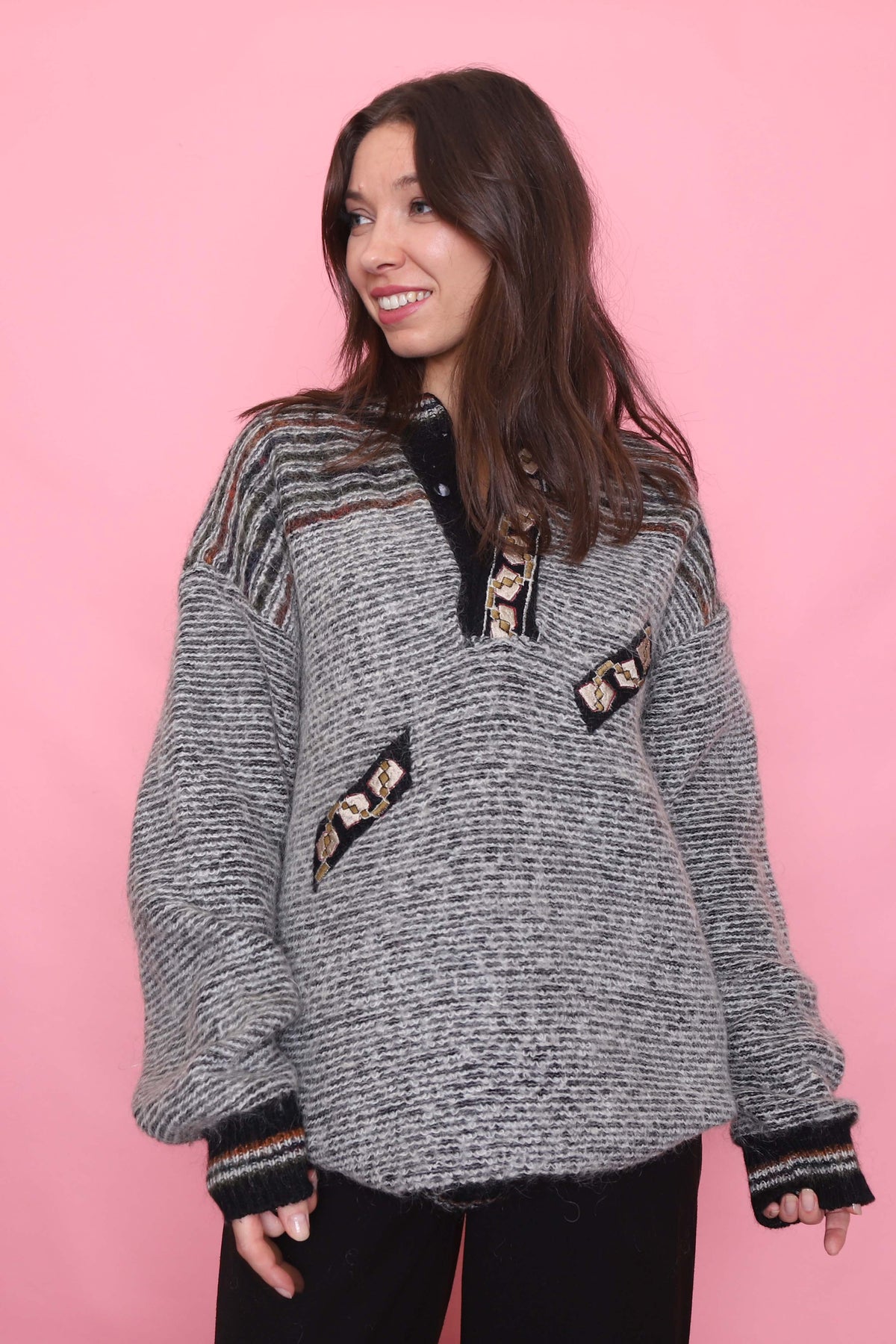 Vintage Grey 1/4 Button Chunky Knit Jumper