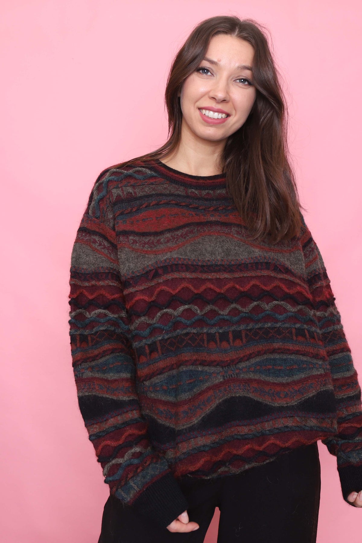 Vintage Abstract Pattern Textured Knit Jumper