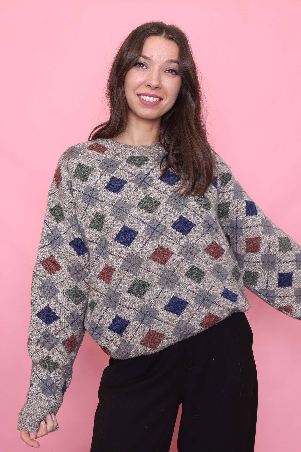 Vintage Diamond Check Patterned Knit Jumper