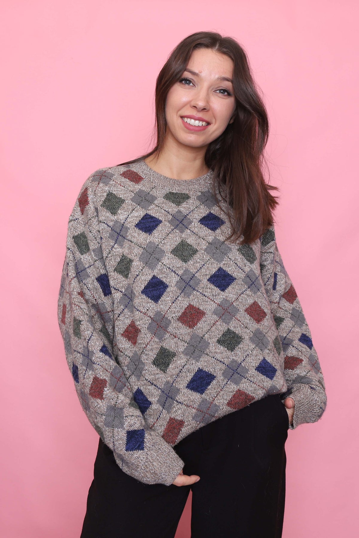 Vintage Diamond Check Patterned Knit Jumper