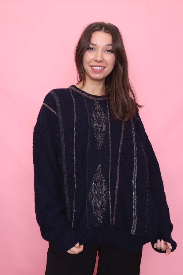 Vintage Navy Patterned Knit Jumper