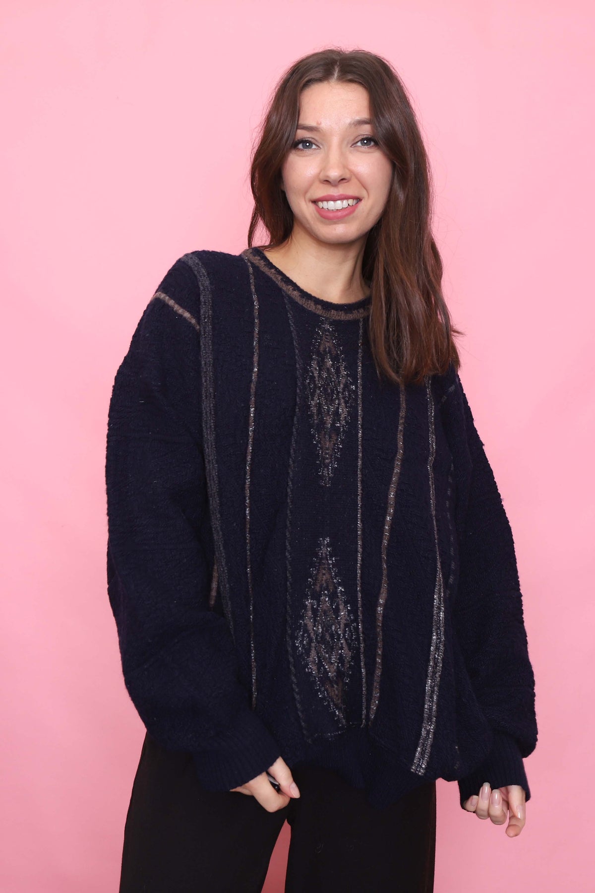 Vintage Navy Patterned Knit Jumper