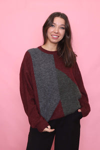 Vintage Burgundy & Grey Geometric Knit Jumper
