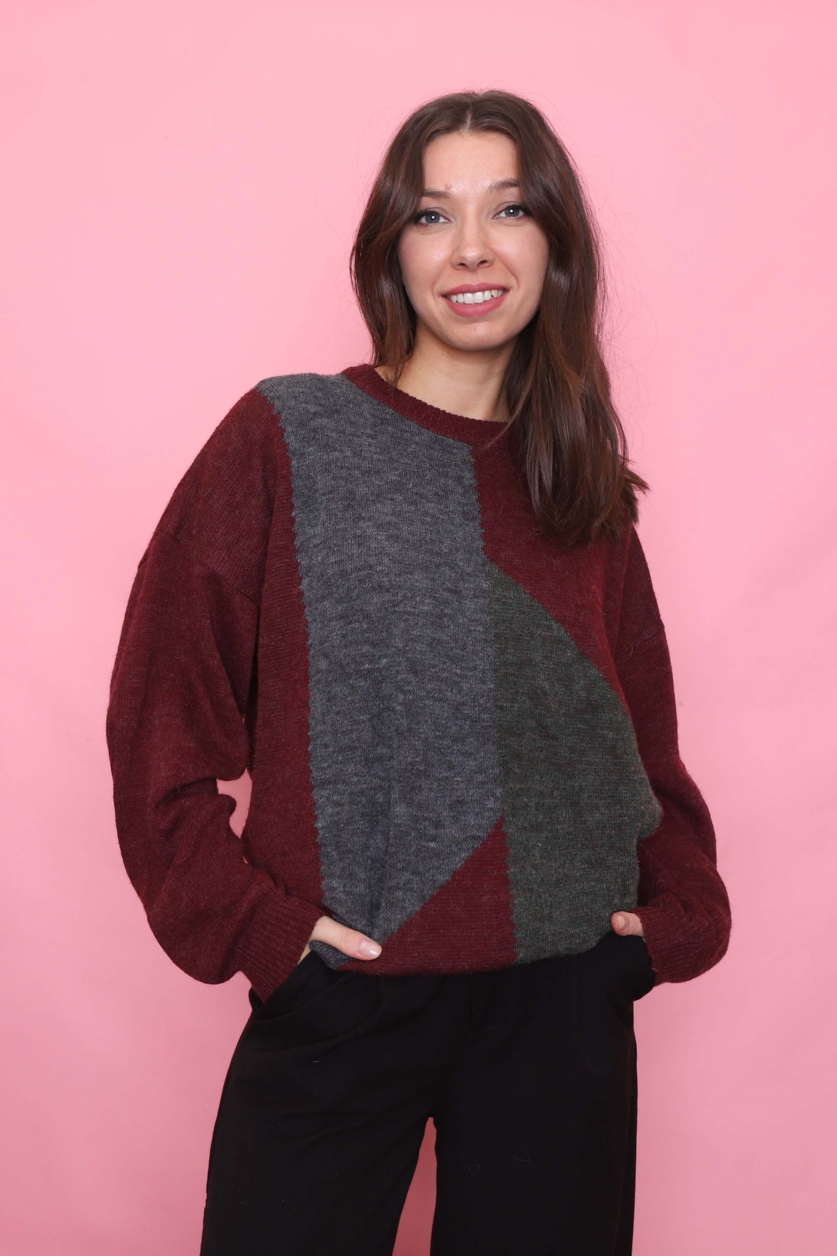 Vintage Burgundy & Grey Geometric Knit Jumper