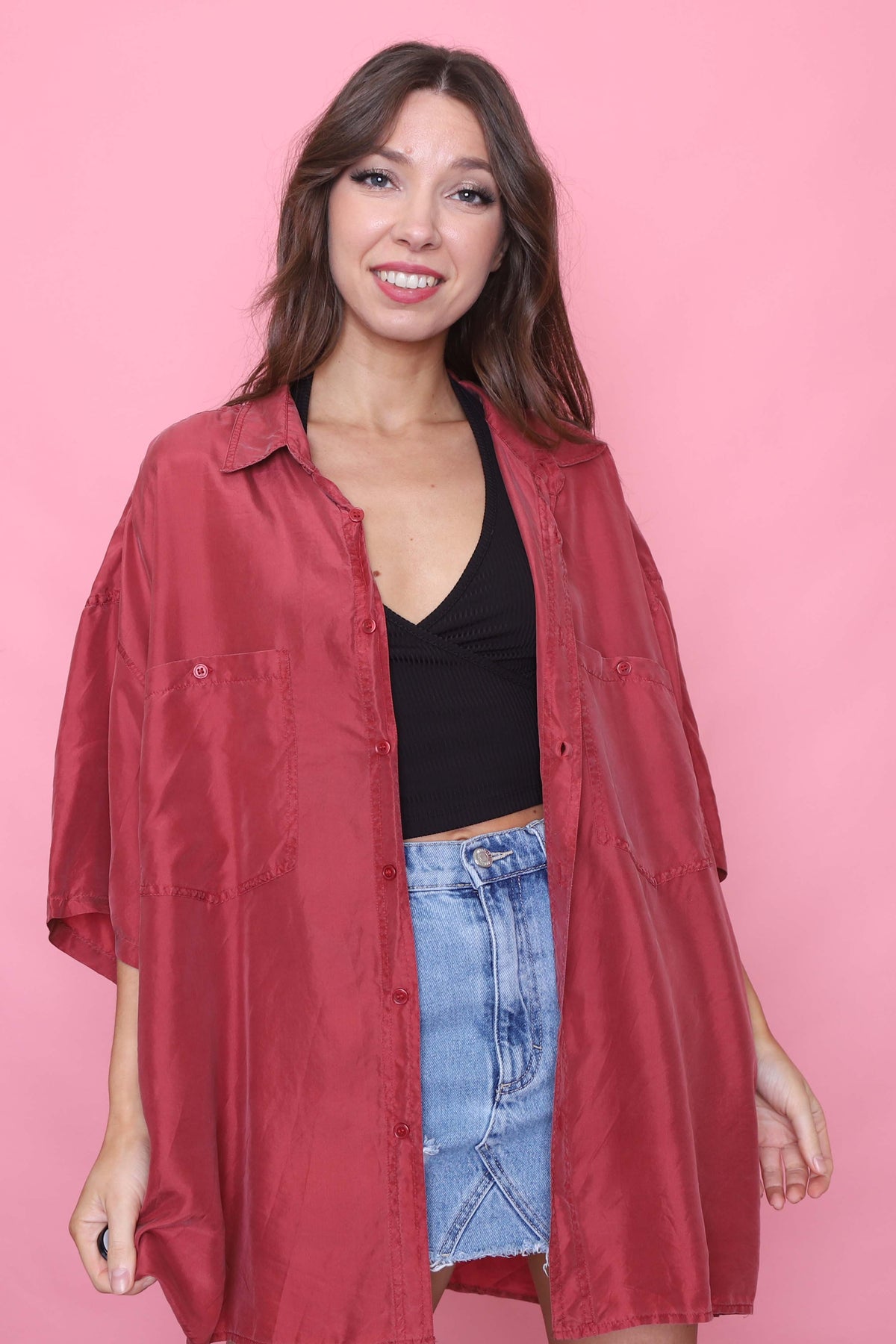 Vintage Short Sleeve Silk Shirt Red