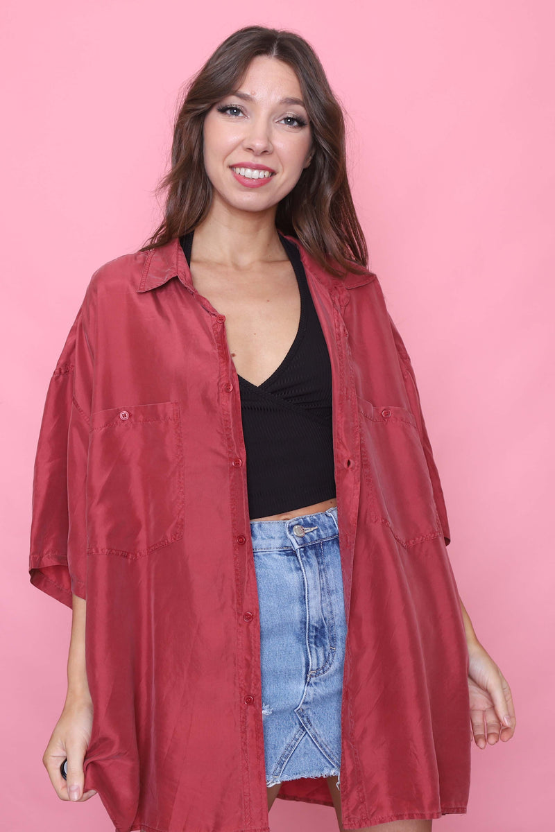 Vintage Short Sleeve Silk Shirt Red