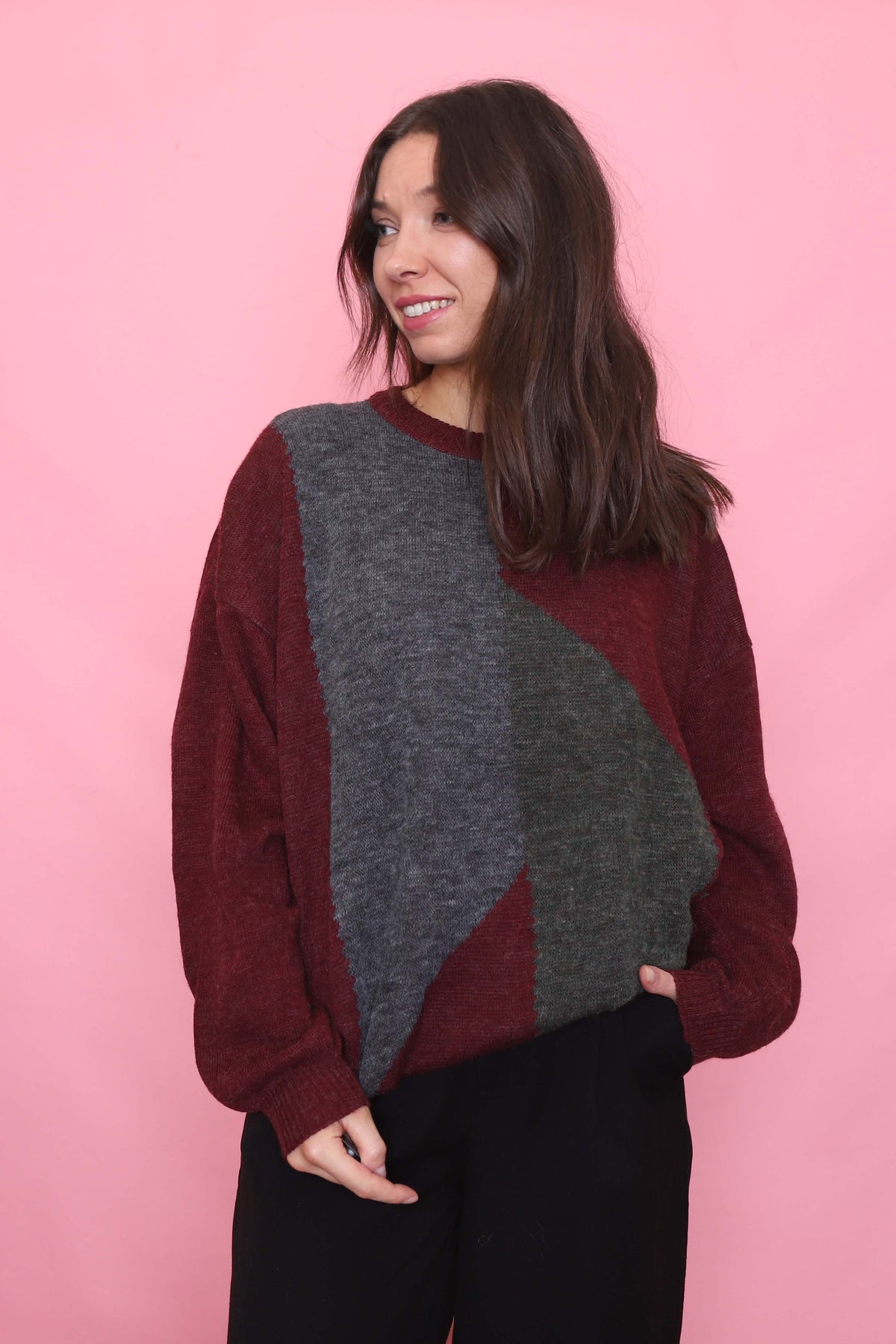 Vintage Burgundy & Grey Geometric Knit Jumper