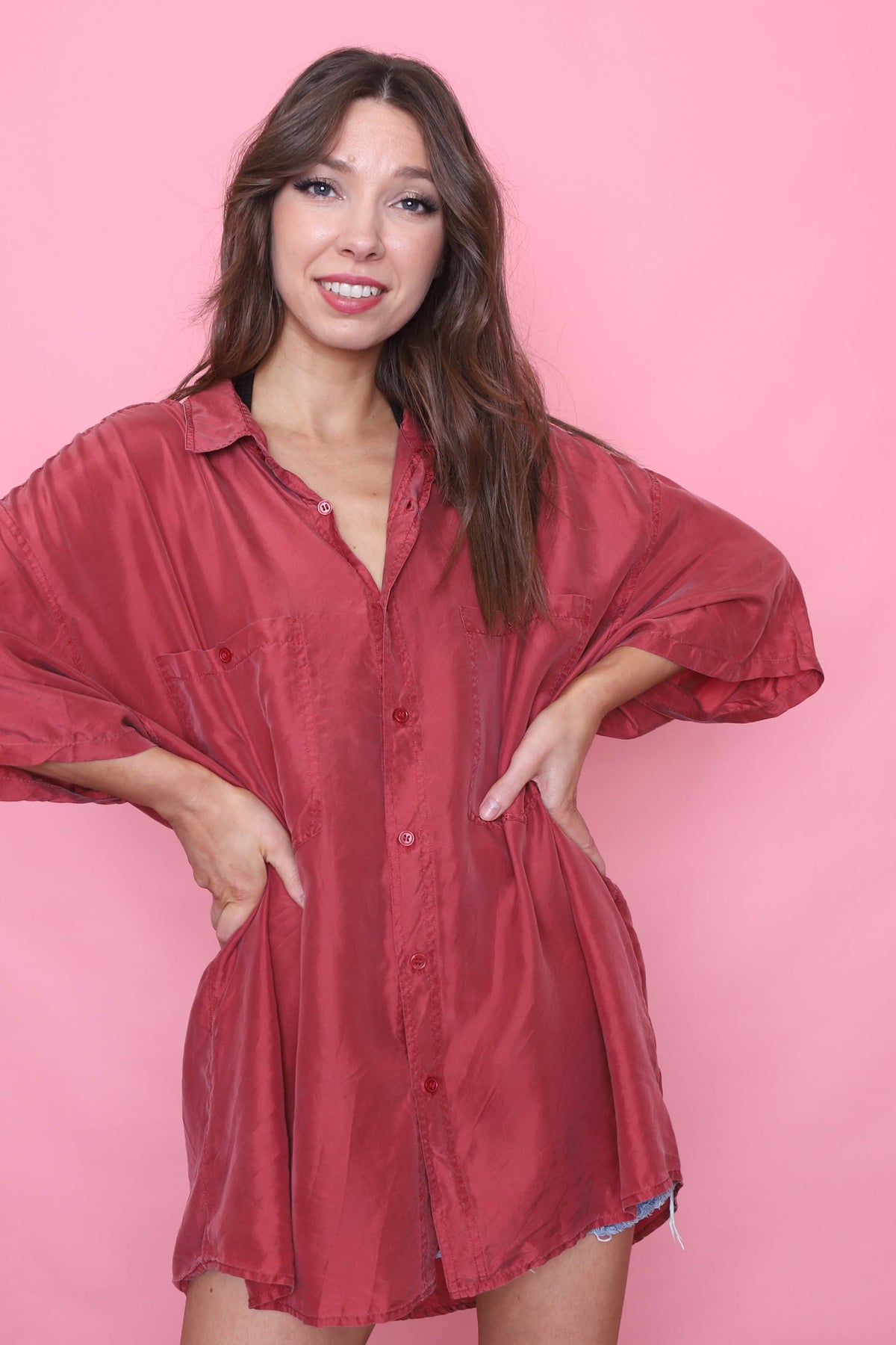 Vintage Short Sleeve Silk Shirt Red