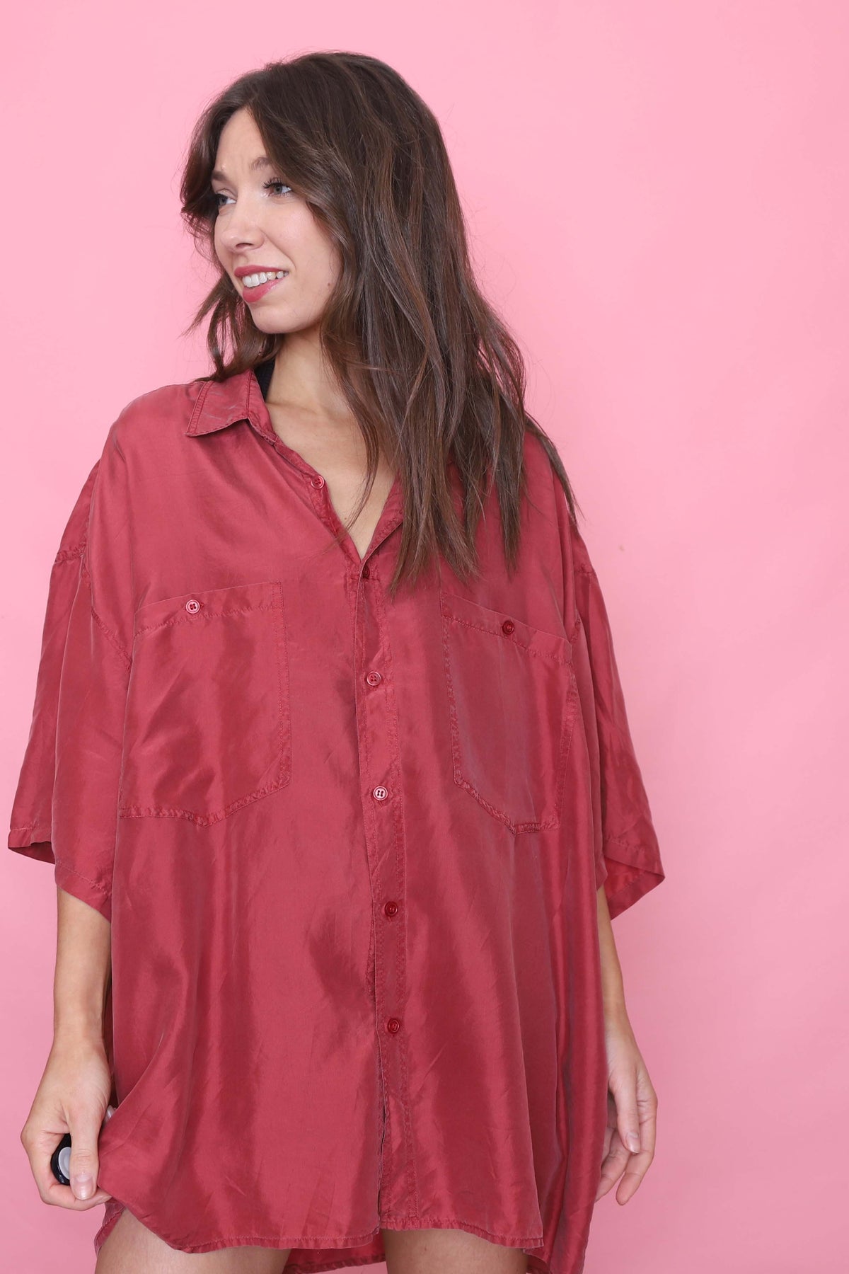 Vintage Short Sleeve Silk Shirt Red