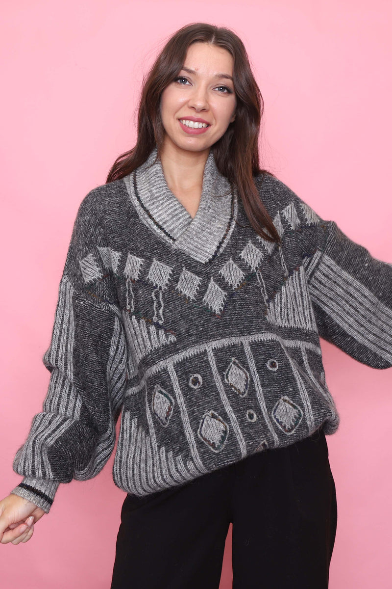 Vintage Abstract Pattern Grey Shawl Collar Knit Jumper