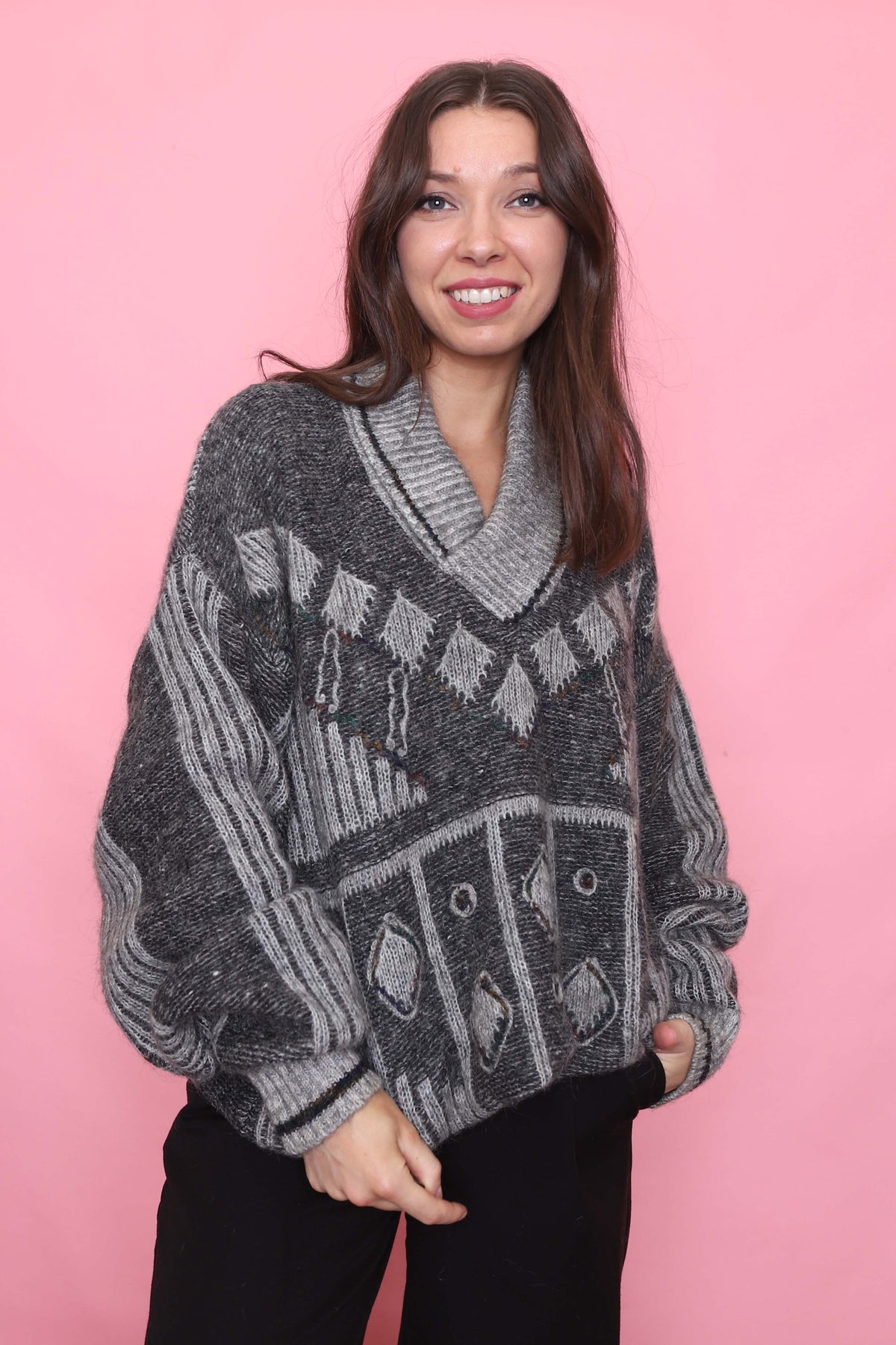 Vintage Abstract Pattern Grey Shawl Collar Knit Jumper