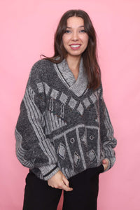 Vintage Abstract Pattern Grey Shawl Collar Knit Jumper