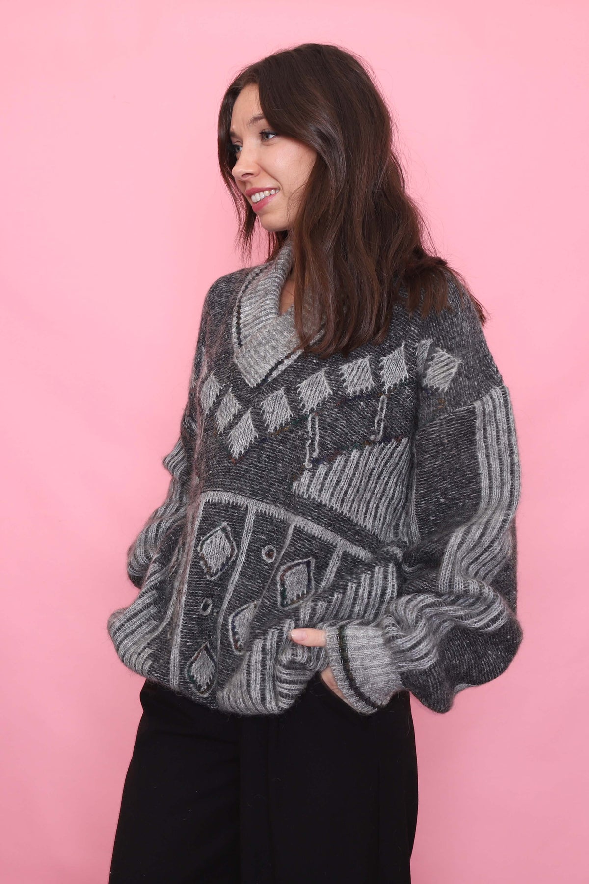Vintage Abstract Pattern Grey Shawl Collar Knit Jumper
