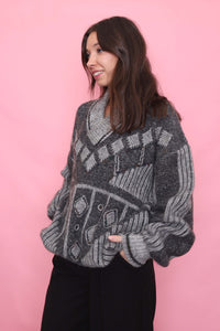 Vintage Abstract Pattern Grey Shawl Collar Knit Jumper