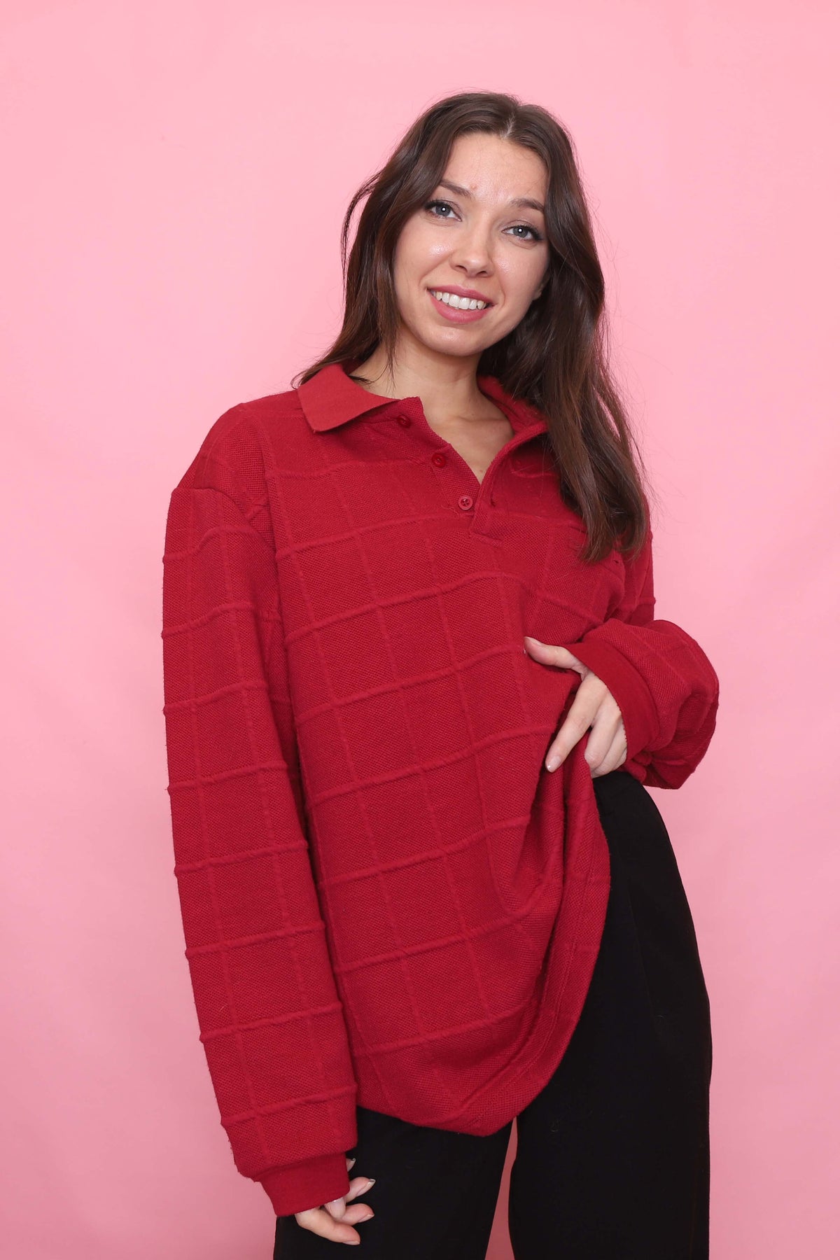 Vintage Grid Texture Red 1/4 Button Knit Jumper