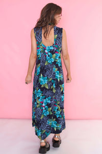 Vintage 90s Floral Patterned Button Down Dress Navy