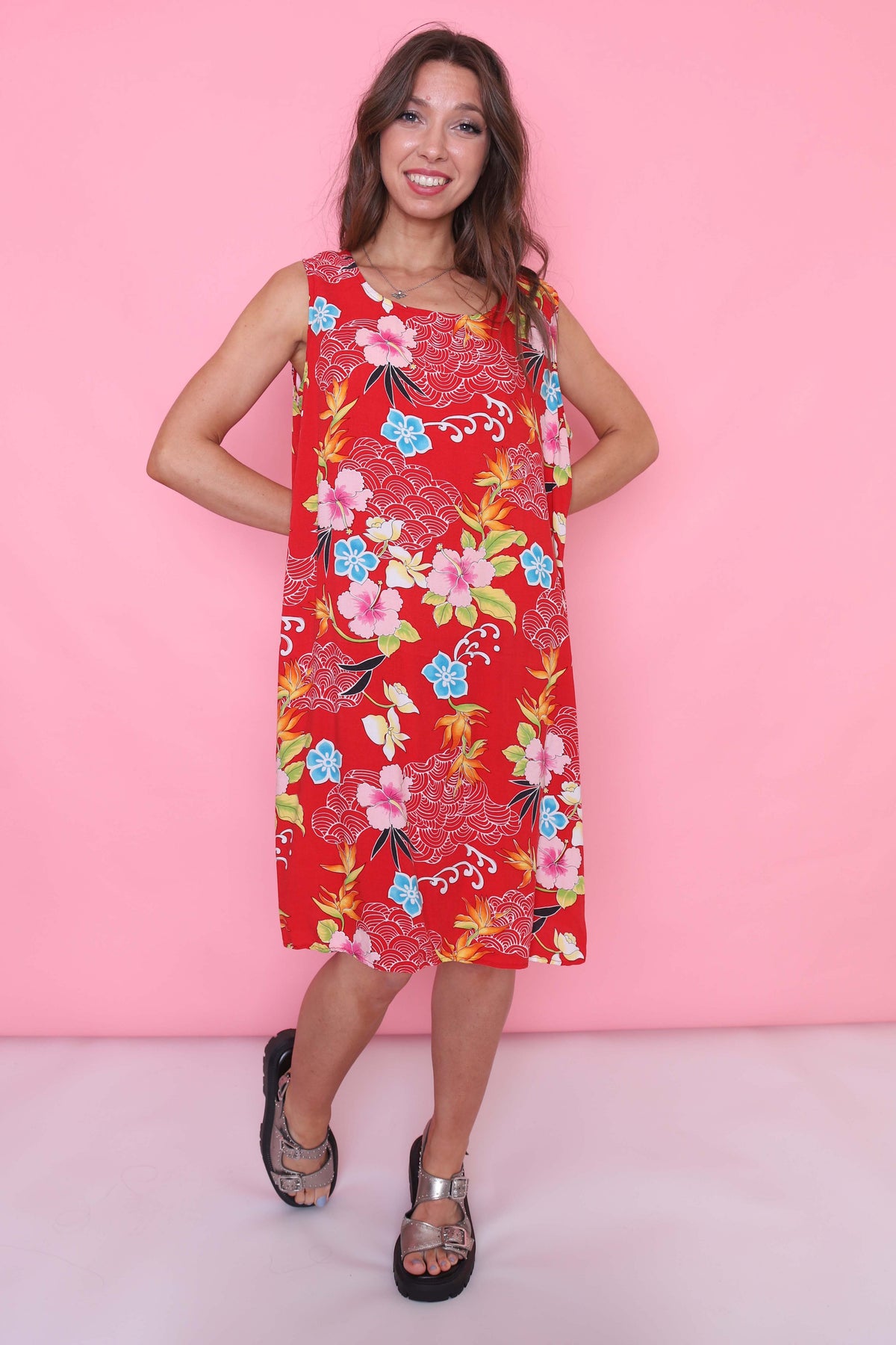 Vintage 90s Floral Patterned Dress Red
