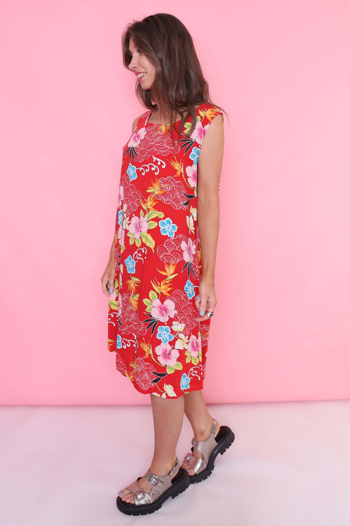 Vintage 90s Floral Patterned Dress Red