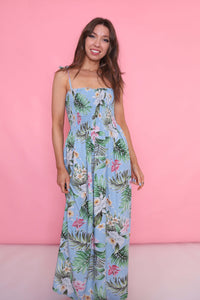 Vintage 90s Tropical Floral Patterned Strap Dress Blue