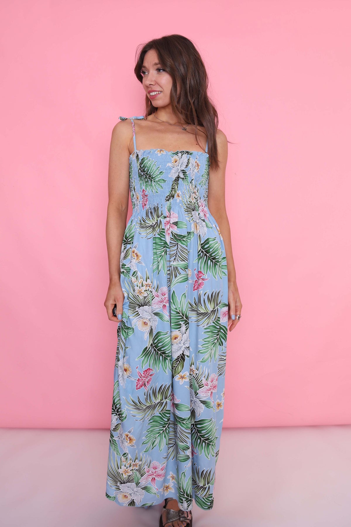 Vintage 90s Tropical Floral Patterned Strap Dress Blue