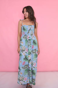 Vintage 90s Tropical Floral Patterned Strap Dress Blue