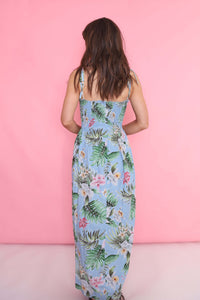 Vintage 90s Tropical Floral Patterned Strap Dress Blue