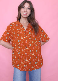 Retro Guitar Patterned Short Sleeve Shirt
