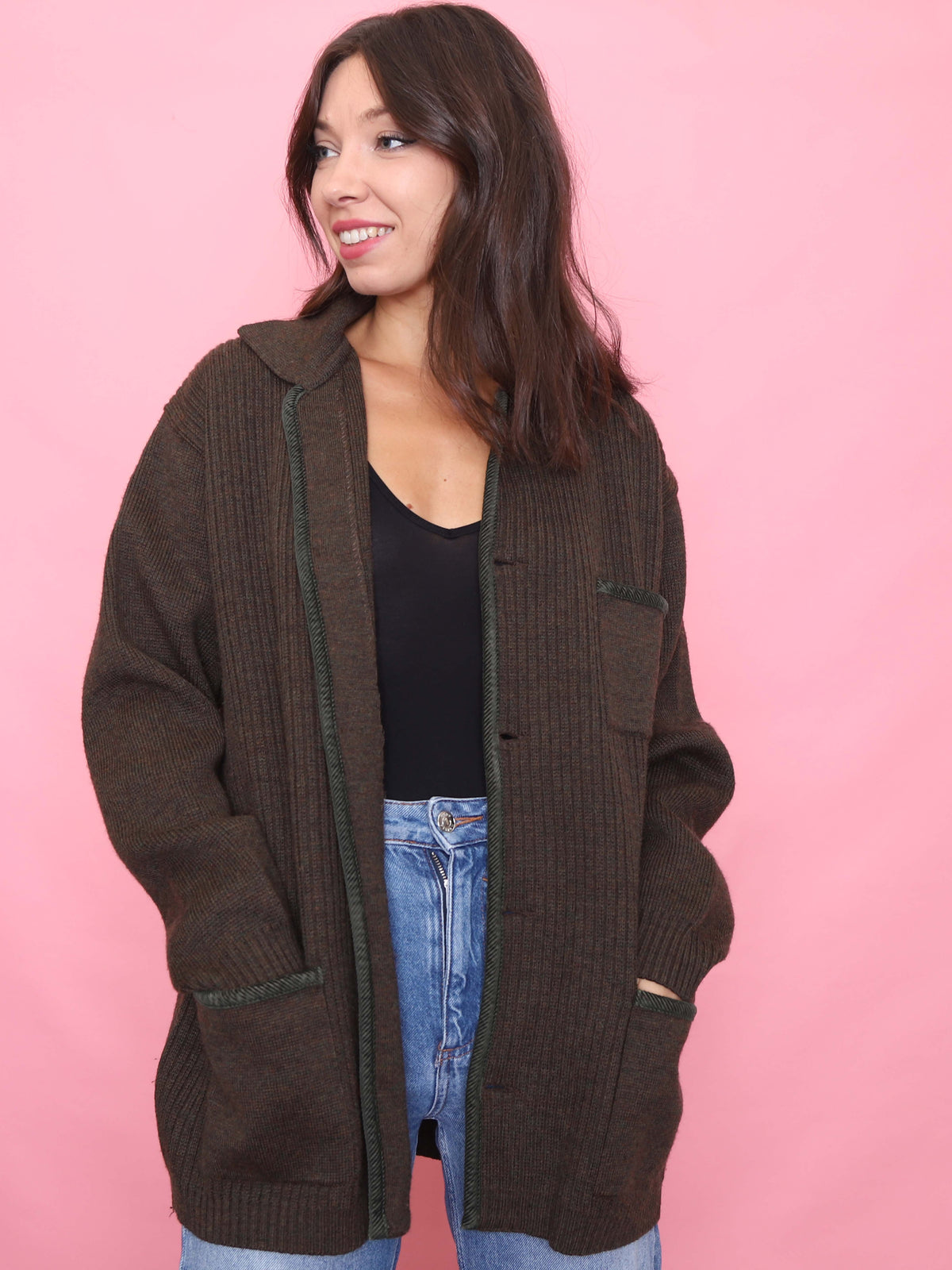 Vintage Brown Ribbed Button Up Cardigan