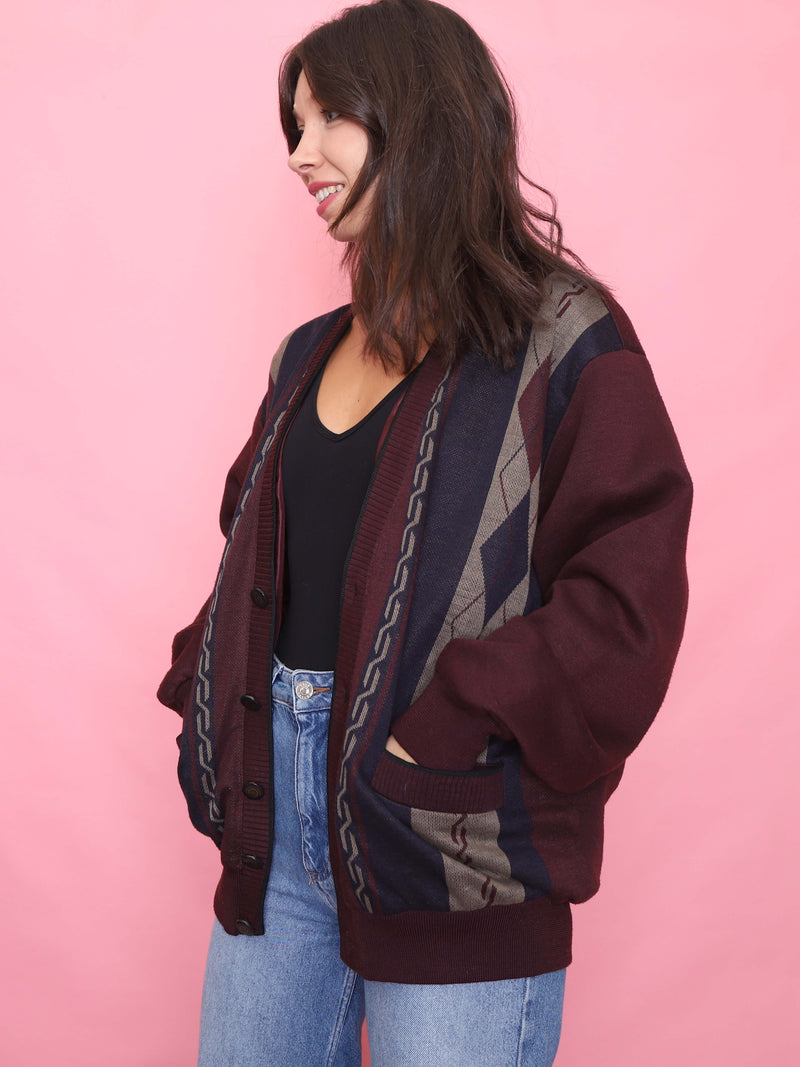 Vintage Burgundy Patterned Cardigan Jacket