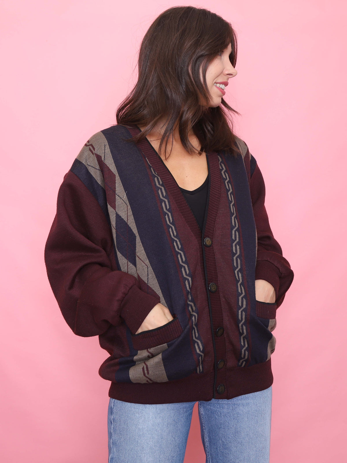 Vintage Burgundy Patterned Cardigan Jacket