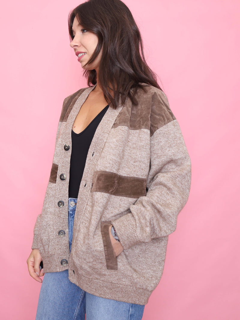 Vintage Beige & Brown Knit Cardigan Jacket