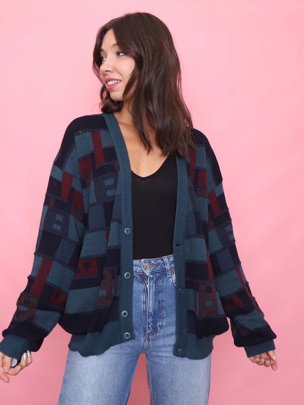 Vintage Teal & Burgundy Abstract Grid Knit Cardigan