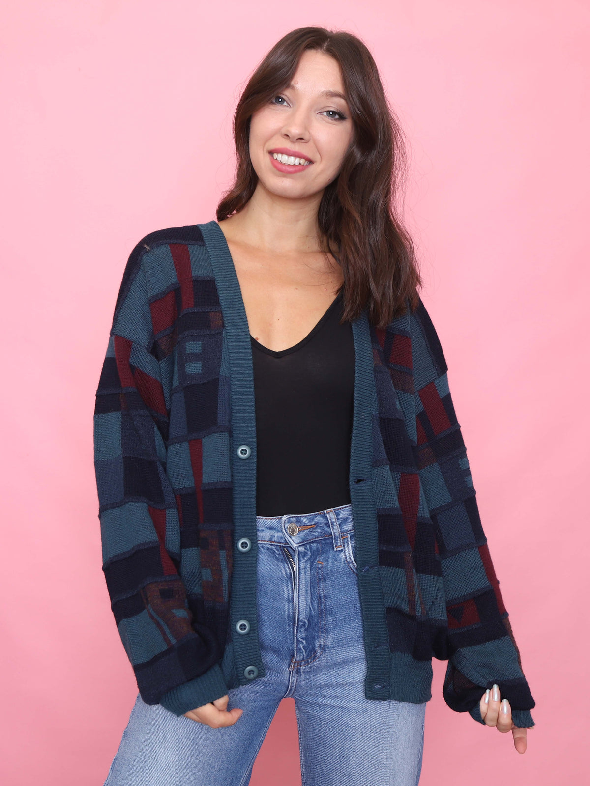 Vintage Teal & Burgundy Abstract Grid Knit Cardigan