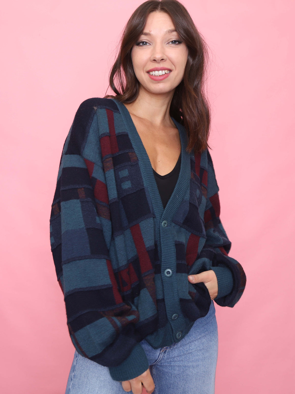 Vintage Teal & Burgundy Abstract Grid Knit Cardigan